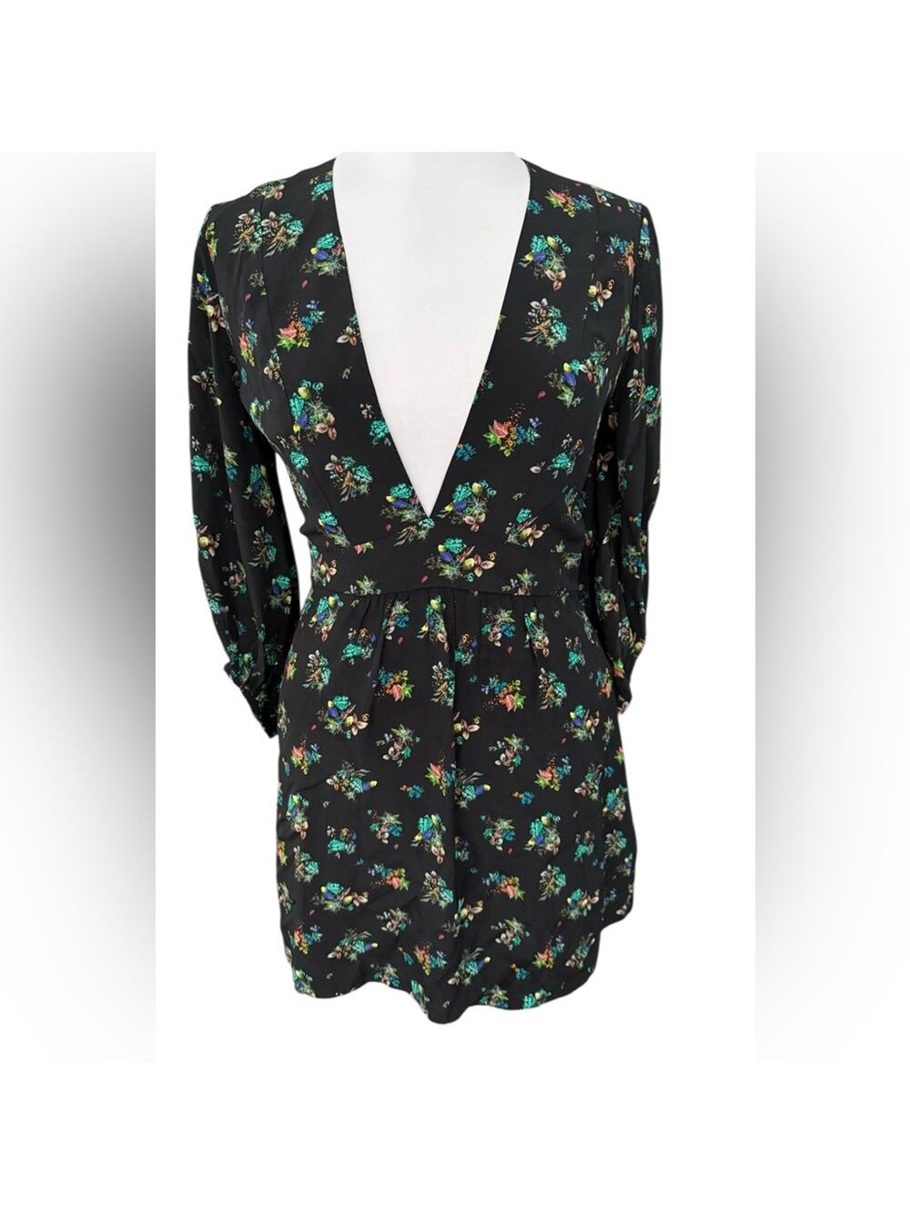 Amanda Uprichard 100% Silk Deep V Floral Mini Dress Black Puff Sleeve Small NEW